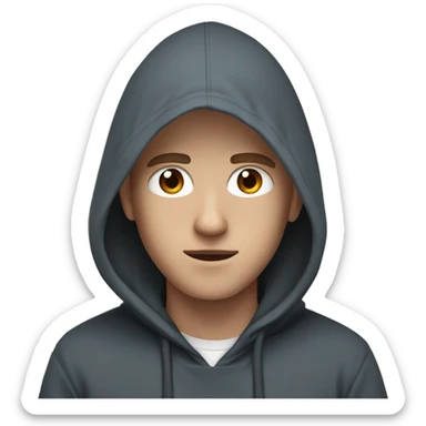 A white person wearing a black hoodie with blue and brown eyes and a scar sticker