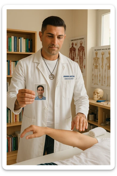 a middle-aged man, dressed in casual professional attire, is in a bright, organized therapy studio. Durante una visita di kinesiologia, il ragazzo tiene con una mano la foto di una persona lontana (il “testimone”) tiene la foto in mano, mentre con l’altra mano esegue un test muscolare su un cliente presente senza foto. Sullo sfondo si vedono libri di kinesiologia, poster anatomici e strumenti tipici della disciplina. L’atmosfera è concentrata e serena, con luce naturale che entra dalla finestra, sottolineando l’aspetto alternativo e umano della pratica. sticker