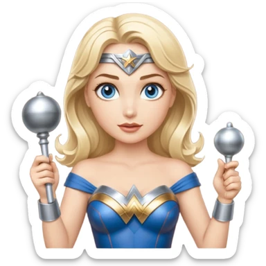 Blonde blue eyes Wonder Woman holding bell and short white orchestra conductor’s baton  sticker