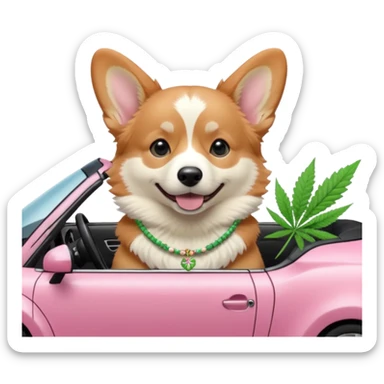 Tan and white Corgi with marijuana necklace sitting in a pink Sport car  sticker