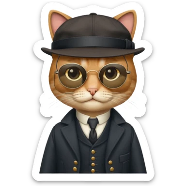 Cat wearing sunglasses and a peaky blinders hat, along with a waistcoat and over coat.
Peaky blinders style sticker