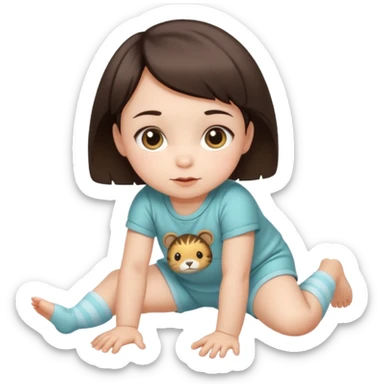 short brunette hair baby crawling on the floor with cute animal symbol clothes sticker