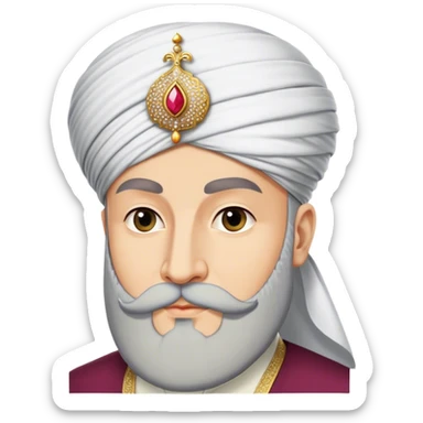 ​Cinematic Realistic Portrait of Suleiman the Magnificent, depicted as a regal Ottoman sultan adorned with a large, white, round, tall turban and a majestic grey beard, his commanding gaze bathed in warm, historic lighting that exudes timeless authority and grandeur, sticker
