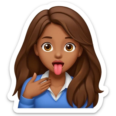 a girl with brown long hair and brown eyes holding her neck with her tongue out sticker