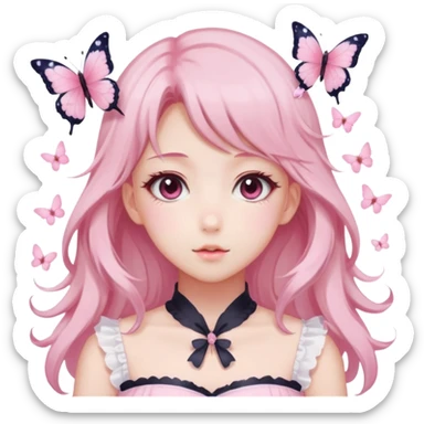 A Gorgeous Beautiful Anime Lady Sakura Cherry Blossom and Pretty Hair, pastelcore aesthetic, pastel pink and white, butterfly, Fairycore sticker