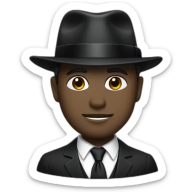 Man with cobalt black/grey skin wearing a black formal suit with a black tie, wearing a fedora with a white band on it. sticker
