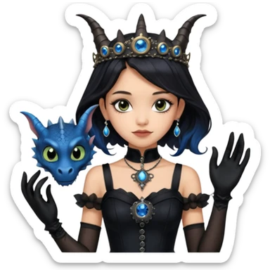 Slim fitting seductive dress Holed and worn Lavish black evening gown with see-through wispy black gloves, holding pose Jenna Ortega as student Addams woman wearing a steampunk style mini tiara, very large blue evil-looking horned old dragon companion with evil eyes  sticker