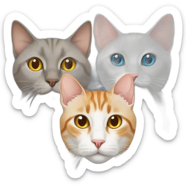three cats sitting together ,one grey tabby siamese cat with blue eyes ,one orange and white tabby cat with yellow eyes ,one orange cat with orange eyes sticker