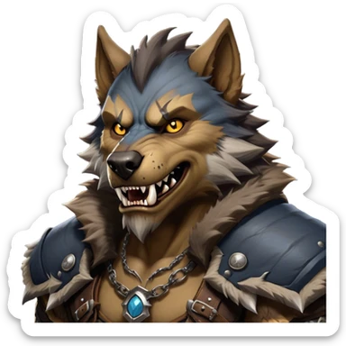 Cinematic Realistic WoW Worgen Portrait, head tilted dramatically with an exaggeratedly amused expression, blending ferocious beastliness with a touch of unexpected humor. His rugged fur, tanned skin, and worn leather garments are rendered with meticulous detail and dynamic lighting, high shine, dramatic yet whimsical, capturing the essence of a worgen whose epic might is tempered by a playful, irreverent charm. sticker
