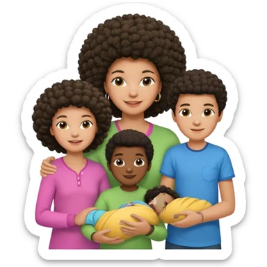 Family with a dark woman only with an afro hairstyle and a green shirt, two children: a boy with straight hair and a blue shirt, and a baby girl in a pink shirt. All are smiling. sticker