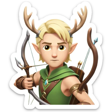 clash-of-clans-aesthetic-blond-male elf-archer-portrait-emoji, rendered in a flat, vector-style with minimal shading and bold holding his bow, simplified shapes, head tilted slightly forward with a determined, focused expression, riding a majestic stag whose antlers glow with mystical energy, set against an ancient, enchanted forest backdrop. sticker