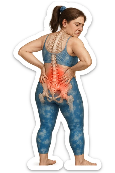 a woman in her 30s  holding her lower back with a pained expression. Subtle visual cues, like uneven shoulders or hips, hint at postural asymmetry. symbolizing chronic pain over the years. vista anatomicamente sticker