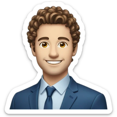 Young european business man with brown curly hair, sidecut, smiling, blue suit sticker