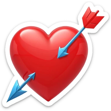 Apple-style 3D illustration of a glossy red heart pierced by a horizontal double-ended arrow. One end of the arrow has a small female symbol, the other end has a small male symbol. The heart is centered, shiny, with soft shadows, floating on a clean white background, minimal and emotional design sticker