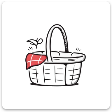 A picnic basket with handle and lid, possibly with some items peeking out, in pastel colors (dd9fb0, ffc6d3, a3bfc9, c4bee2, f1b091), hand-drawn doodle style sticker