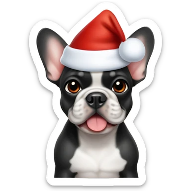 A small, black-and-tan French bulldog with a mostly black face and tan paws, wearing a classic red and white Santa hat, sitting happily with its tongue slightly out. sticker