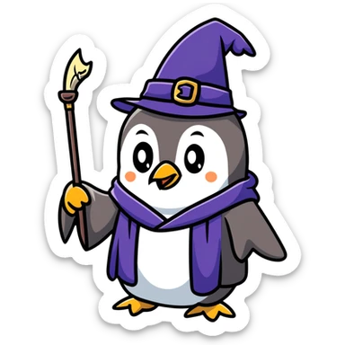 penguin wizard with a magical staff and wizard robe sticker
