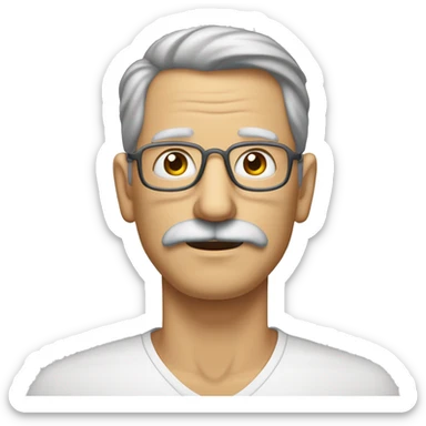 un hombre de mediana edad con un tono de piel claro. Lleva el pelo corto y gris, cortado al ras. Tiene un bigote delgado y oscuro. Sus ojos son marrones claros y están enmarcados por finas gafas redondas. Su nariz es recta y alargada. sticker