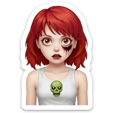 Uma menina de cabelo vermelho com franja, que seja uma zombie, e que esteja vestindo uma regata branca, cabelo médio e liso mais enrolado nas pontas  sticker