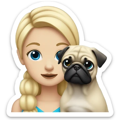 Girl with blonde hair and blue eyes holding a black pug sticker