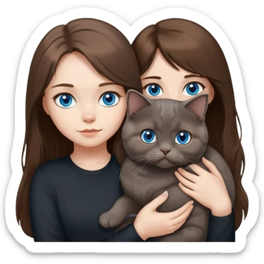 Girl with blue eyes and long brown hair and black shirt, holding a grey Scottish fold cat sticker