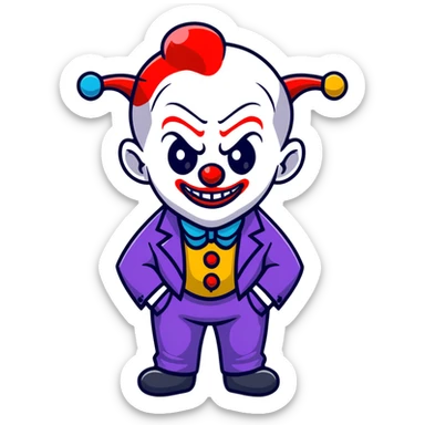 demonic clown wearing a leisure suit, bald with different horn styles sticker