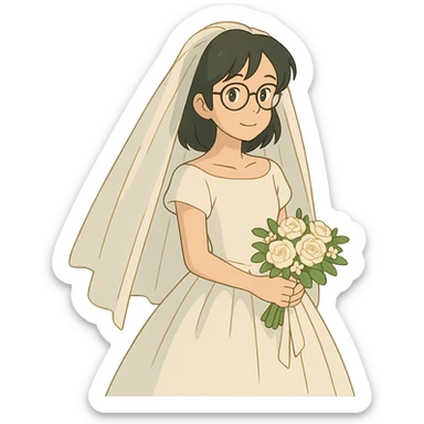 ghibli style girl with black hair in glasses in a wedding dress sticker