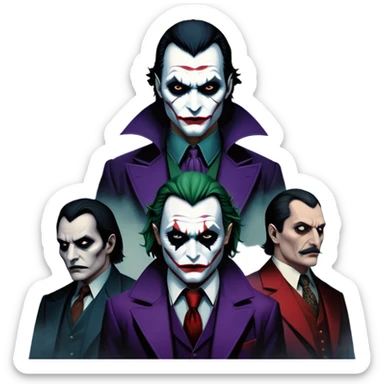 Thriller Movie Icon: A dark, intense collage with close-up images of iconic thriller characters like Joker, Hannibal Lecter, and Vlad Dracula. The background features a moody Gotham City skyline, with shadowy figures and fog. Atmospheric, suspenseful tone. Transparent background. sticker
