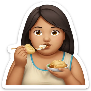 Can you create an emoji of a half Indian - half white 23 year old girl with dark brown mid length hair and brown eyes who is super obese and eating a dumpling. Can the emoji be from head to toe sticker