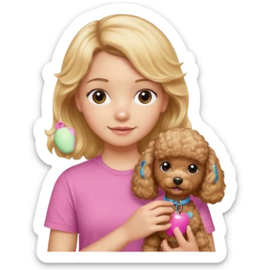 hazme un emoji que sea una niña rubi con el pelo ondulado i una camiseta rosa que ponga brownie, i acariciando a un perro (caniche toy) si pero con el pelo mas largo i no tan rubia sticker