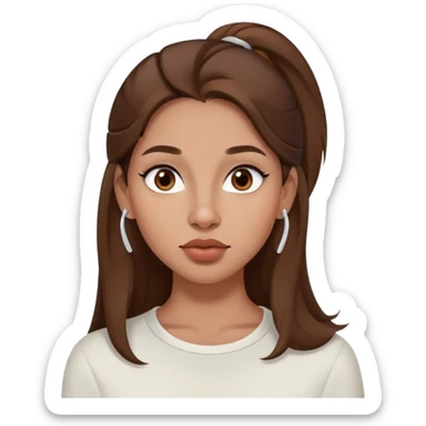 persona femmina, capelli castani lunghi, occhi marroni, labbra grandi, naso piccolo, viso un po’ rotondo, neo sopra al labbro parte sinistra, air pods, piercing al naso parte destra sticker