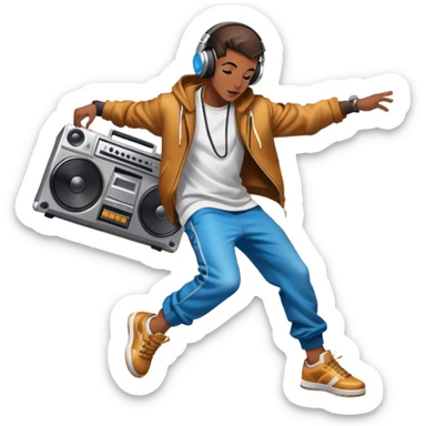 Icon for Street Dance: a dancer in urban streetwear performing a dynamic breakdance move, with a spray-painted background,  boombox  and headphones. The icon should represent the energy, style, and creativity of street dance culture. Transparent background. sticker