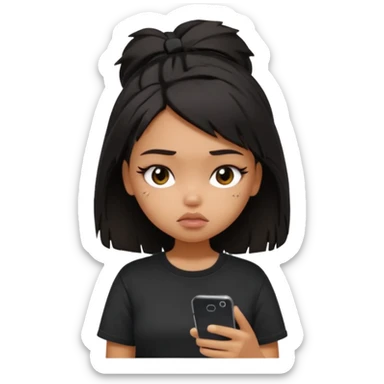 generate a pretty bratz girl with short black very messy dirty hair, looking tired and using her phone, wearing an oversized black tshirt sticker