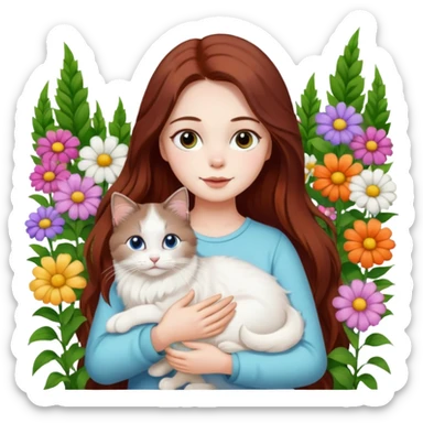 A woman with long dark auburn hair holding a white ragdoll cat in the garden of flowers sticker