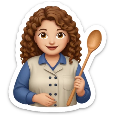 “A friendly, smiling plus size woman emoji with long curly brown hair and hazel eyes, warm medium skin tone, wearing casual kitchen clothes and holding a wooden spoon. Simple, clean style, suitable for a healthy cooking Instagram page sticker