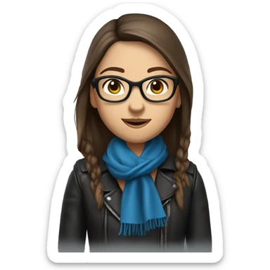 Slavic girl with long straight brown hair, fair skin, dark brown eyes, smile, black glasses, wearing a blue scarf around her neck and a leather jacket. sticker