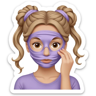 caucasian girl with long wavy dark blonde hair in messy bun wearing skincare lilac colored clay mask covering face sticker