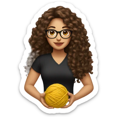 pretty Hispanic woman that has long brown curly hair holding one ball of yarn with both arms wearing a black shirt and black glasses sticker