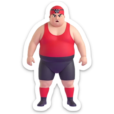 Close-up of white skin fat guy with prominent black durag, completely shaved face, no beard or mustache, black eyes in a red and black wrestling singlet with angry face sticker