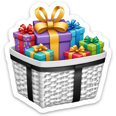  white small gift basket with small gifts inside and only 3 gifts the gift basket color white and black sticker