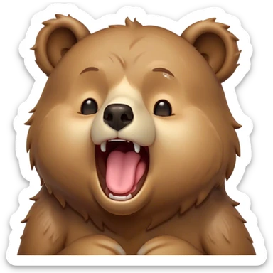 Cinematic Cute Yawning Bear Portrait Emoji, Head tilted slightly with a dramatic, wide-open yawn, showcasing a soft, plush dark brown fur with drooping ears, round eyes barely open in drowsy contentment, Simplified yet irresistibly adorable features, highly detailed, glowing with a soft, cozy glow, high shine, relaxed yet expressive, stylized with a touch of woodland charm, bright and endearing, soft glowing outline, capturing the essence of a sleepy yet affectionate bear, so drowsy it feels like it could lumber out of the screen and curl up for a nap! sticker