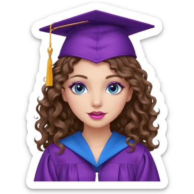 girl with curly and long wavy brown hair, blue eyes, long lashes makeup, sexy pink lips, wearing a purple graduation cap and gown sticker