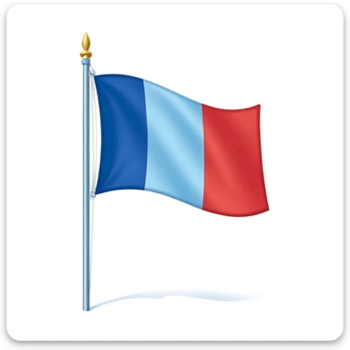 French flag waving in the wind on a flagpole, flat colors, simple shading, long shadow, light blue background sticker