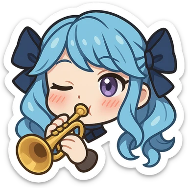 chibi style emote of Gwen from League of Legends, just the head, right eye purple, playing a trumpet, blushing sticker