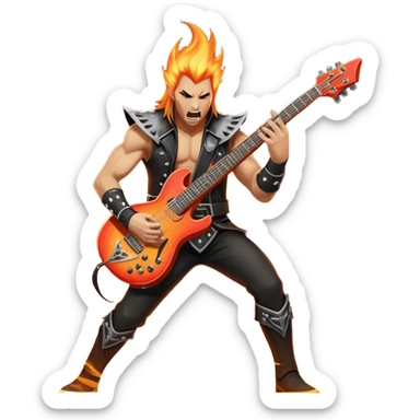 An icon showing a rock musician wielding a guitar in an epic battle, inspired by Brutal Legend. The design features fiery backgrounds, musical notes floating in the air, and electrifying stage lights, capturing the power of music and combat. Transparent background highlights the energy. sticker