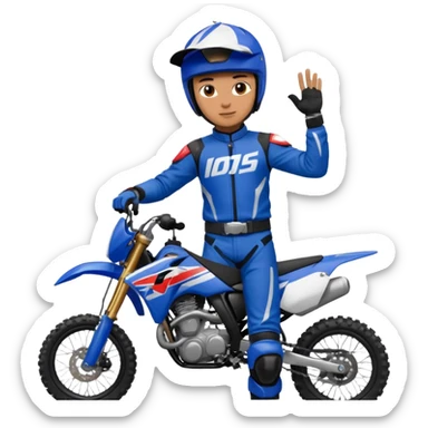 dirtbike rider in blue gear signing autographs sticker
