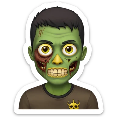 I want you to give me a zombie man and his skin its green who has golden teeth, yellow eyes, eyebrows and black hair, the hair I want to be a medium modcut cut and is wearing a brown affliction T-shirt and the style being like a memoji from iphone sticker