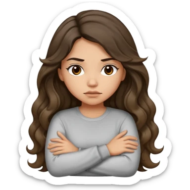 Hispanic light tan girl with long dark wavy hair with arms folded while pouting. Wearing a long sleeve. Hair with middle part. sticker