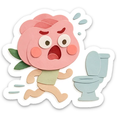 soft pink rose flower with puffed cheeks making a panicked toilet run, eyes bulging, legs dashing, pastel tones, chibi round shape, paper-craft style sticker