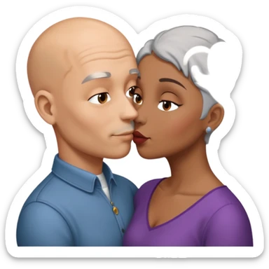 Bald man kissing brown  woman with   grey hair sticker